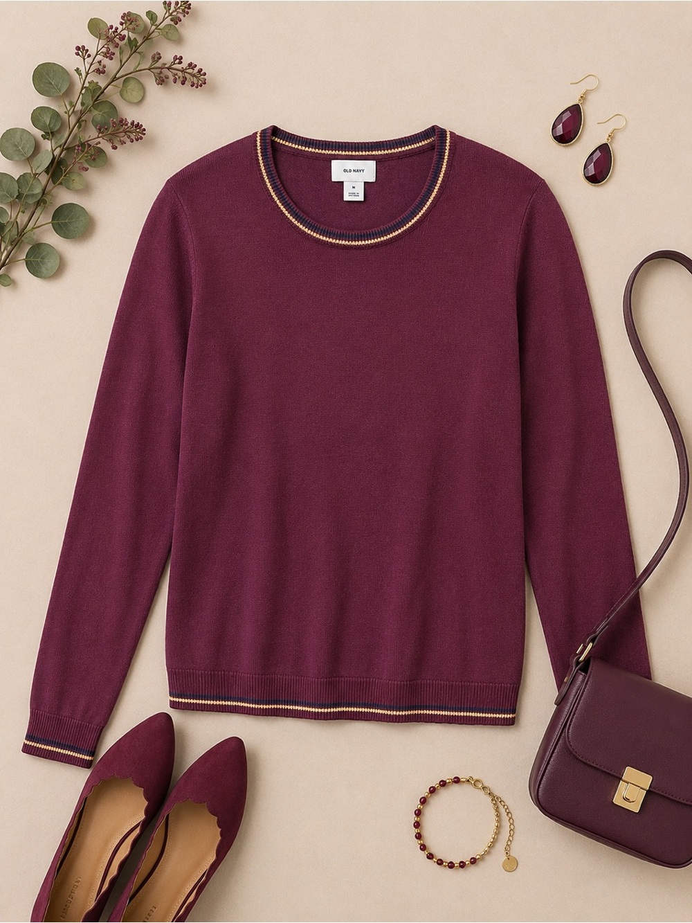 Old Navy Burgundy Contrast Trim Crewneck Sweater Size Medium